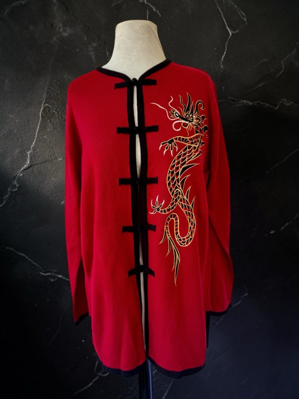 Vtg 90s Bob Mackie Wearable Art Red Dragon  Embroidered Cardigan Sweater Sz M